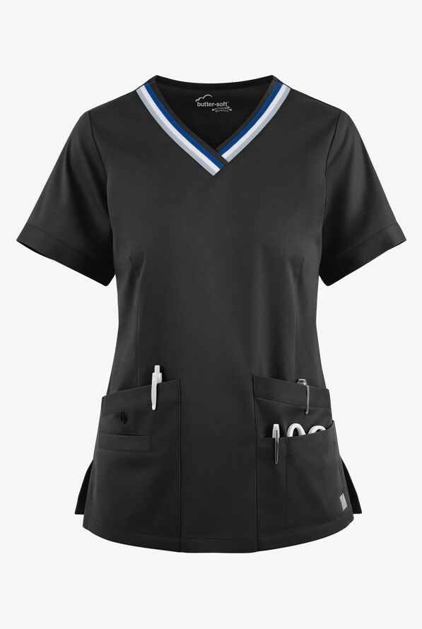 Blusa médica UA Butter-Soft STRETCH con cuello en V con ribete deportivo y 5 bolsillos para mujer - Black - 1