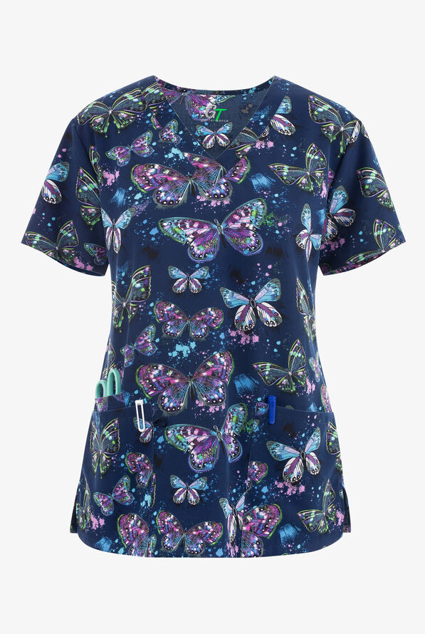 Green Town Whimsical Splatter Butterfly Women's 3-Pocket STRETCH V-Neck Print Scrub Top - null - 1