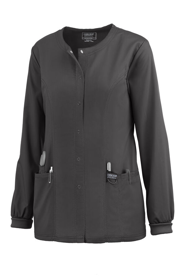 Cherokee Workwear Revolution Women's 3-Pocket STRETCH Snap Front Scrub Jacket - Pewter - 1