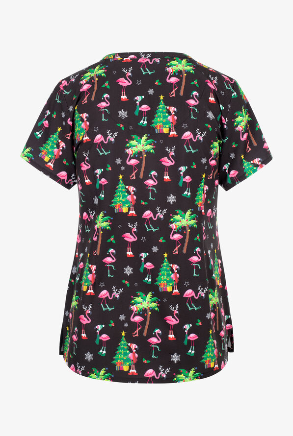 Maevn Flamingo Ho-Ho Women's 3-Pocket STRETCH V-Neck Print Scrub Top - null - 2