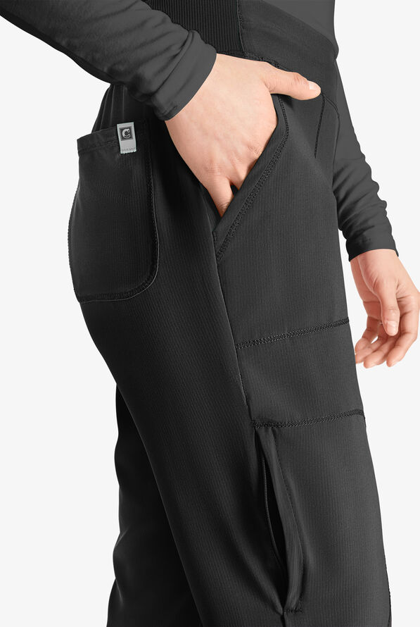 Cherokee Collection Women's 4-Pocket STRETCH Flat Front Rib-Knit Back Waist Cargo Scrub Pants - Black - 2