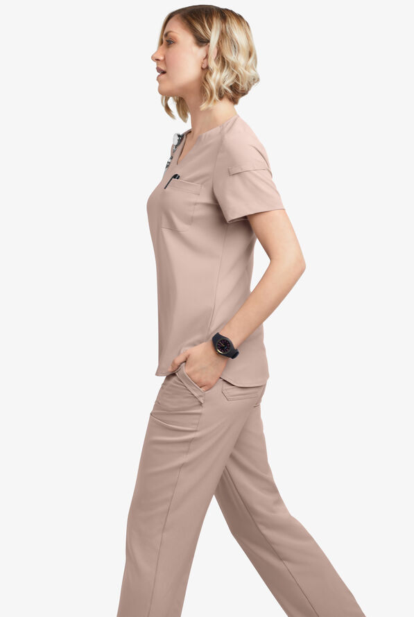 Easy STRETCH Nikki Women's 1-Pocket Scallop Neck Tuck-In Scrub Top - Mocha Meringue - 5
