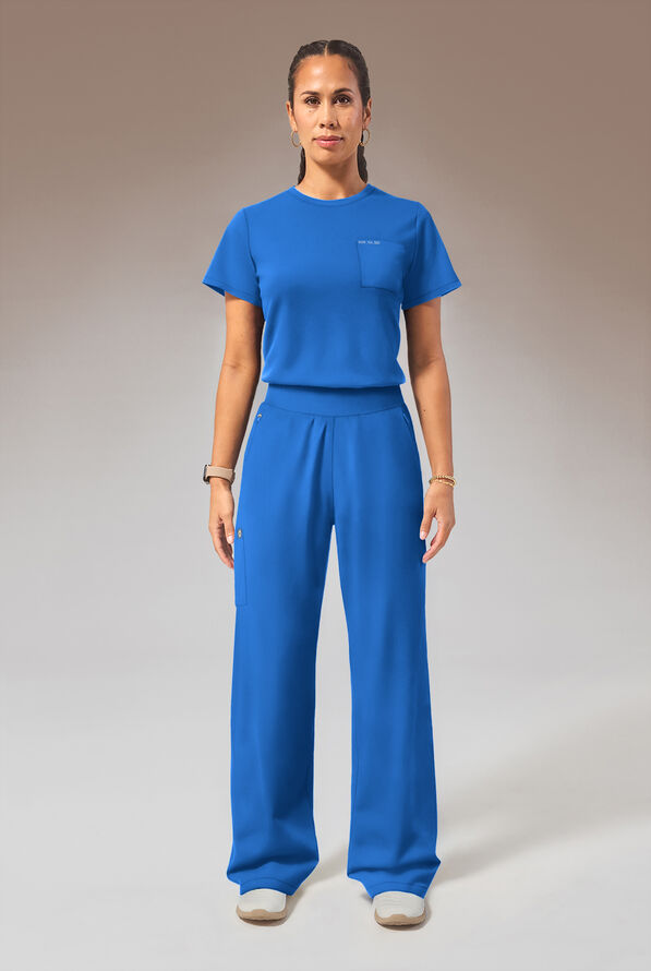 Hypothesis Y-Band Women's 6-Pocket Yoga-Style Knit Waist Wide Leg Scrub Pant - Petite - Royal - 7