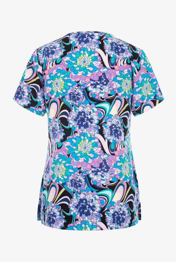 Zoe & Chloe Disco Floral Women's 2-Pocket STRETCH Notch Neck Print ScrubTop - null - 2