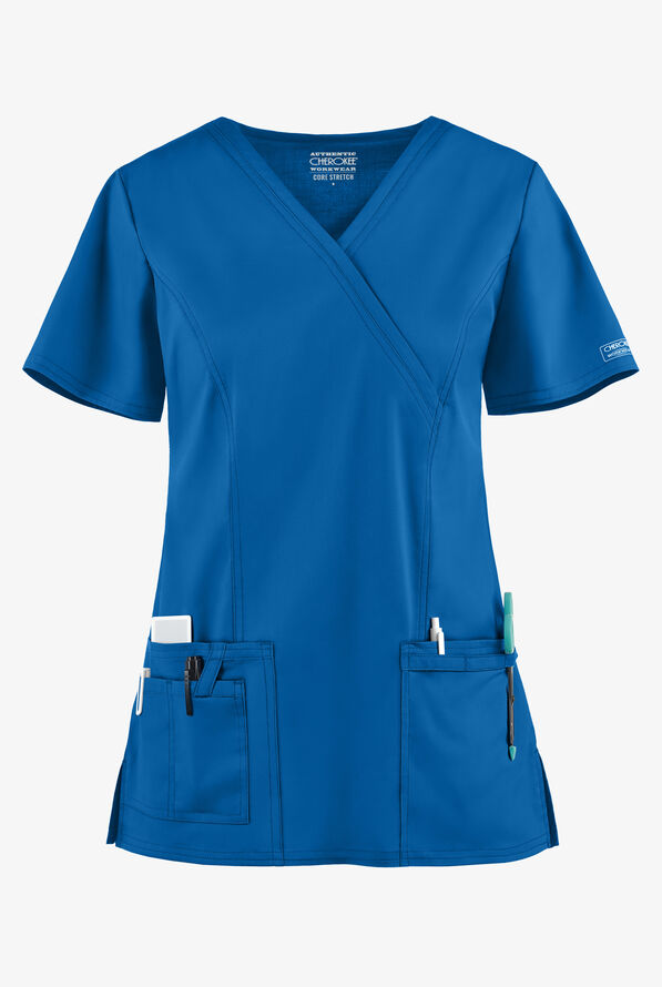 Cherokee Workwear Scrubs Core STRETCH Mock Wrap Top, Fashion Scrubs