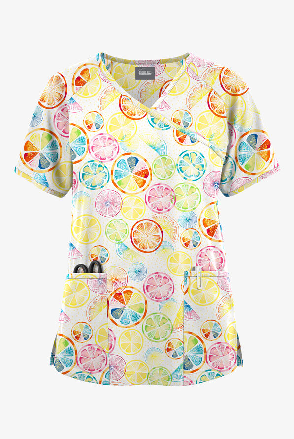 Butter-Soft Originals Citrus Slice Women's 3-Pocket Raglan Sleeve Mock Wrap Print Scrub Top - null - 1