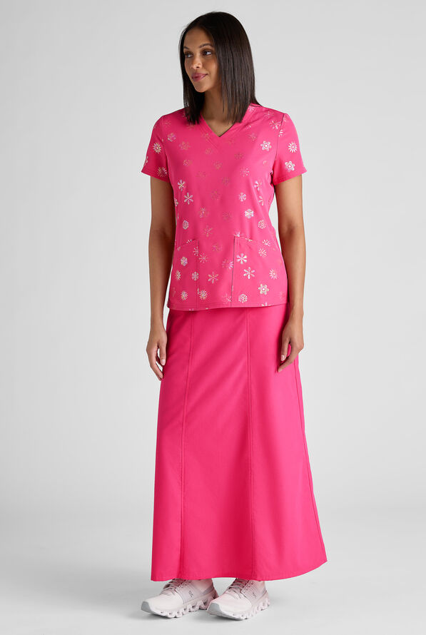 Butter-Soft STRETCH Shimmer Flurries Fuchsia Foil Women's 2-Pocket V-Neck Print Scrub Top - null - 6