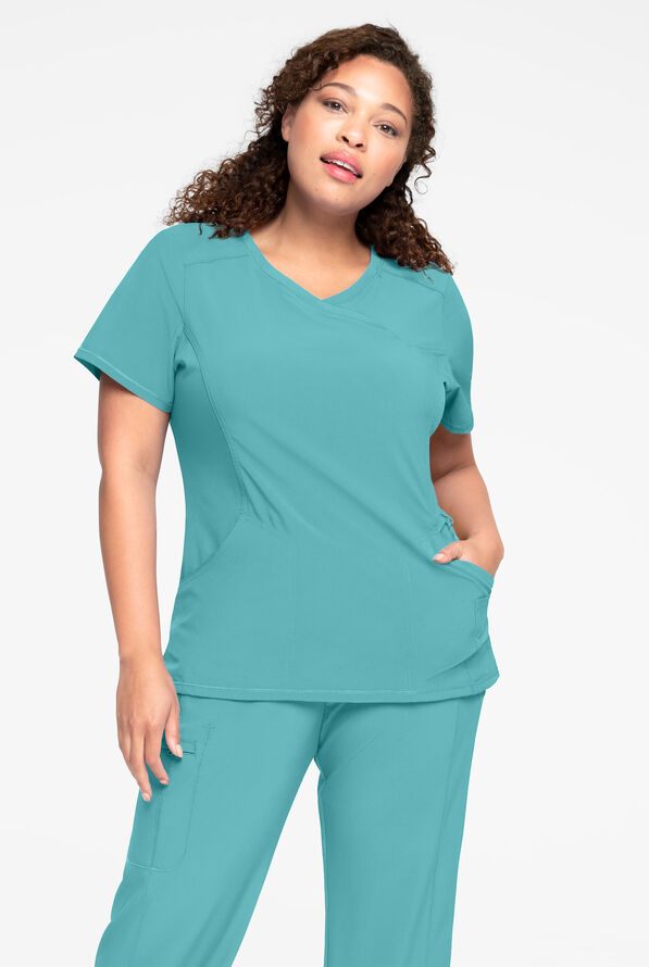Infinity Women's 4-Pocket STRETCH Mock Wrap Scrub Top - Turquoise - 2