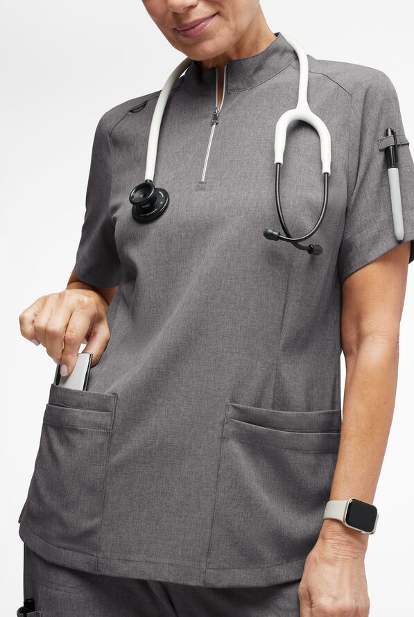 Easy STRETCH Jen Women's 4-Pocket Zip-Neck Short Sleeve Scrub Top - Graphite Heather - 5