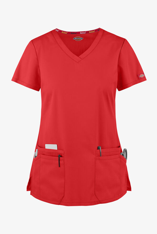 Dickies EDS Signature Women's 6-Pocket Contemporary Fit V-Neck Scrub Top - Red - 1