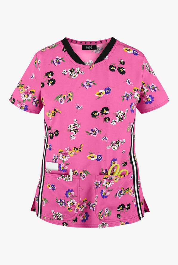 heartsoul Shaped Flowering Fields Women's 3-Pocket STRETCH V-Neck Print Scrub Top - null - 1