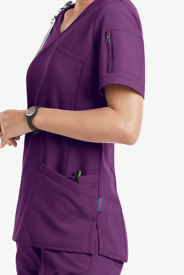 Blusa médica MOVEMENT by Butter-Soft Capella estilo cruzado con 5 bolsillos para mujer - Eggplant - 5