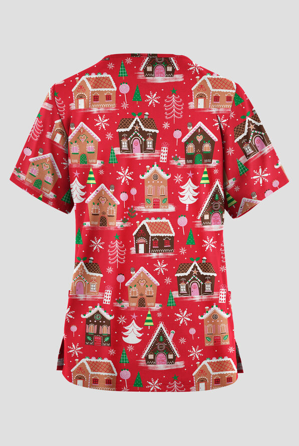 Butter-Soft Originals Gingerbread Haven French Roast Women's 2-Pocket V-Neck Print Scrub Top - null - 2
