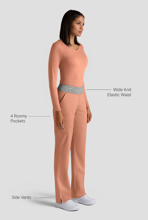 Butter-Soft STRETCH Women's 4-Pocket Knit Waistband Yoga Scrub Pants - Tall - Terracotta / Silver Melange - 3