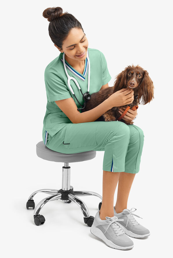 Butter-Soft STRETCH Women's 5-Pocket Short Sleeve V-Neck with Sport Trim Detail Scrub Top - Water Mint - 8