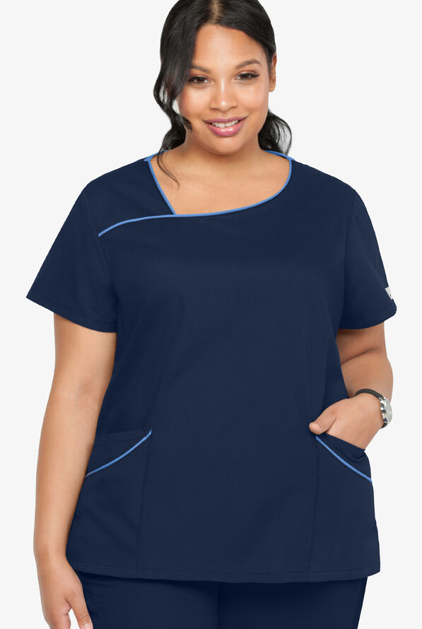 Butter-Soft Core Women's 4-Pocket Asymmetrical Neck Scrub Top - Navy/Ceil - 4