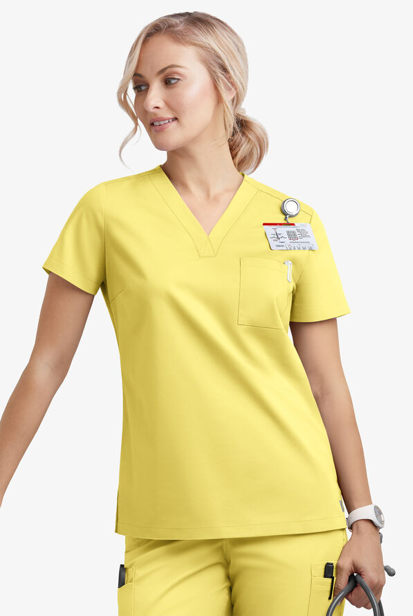 Blusa m&eacute;dica Butter-Soft STRETCH con cuello en V y 2 bolsillos para mujer - Lemon Sherbet - 3