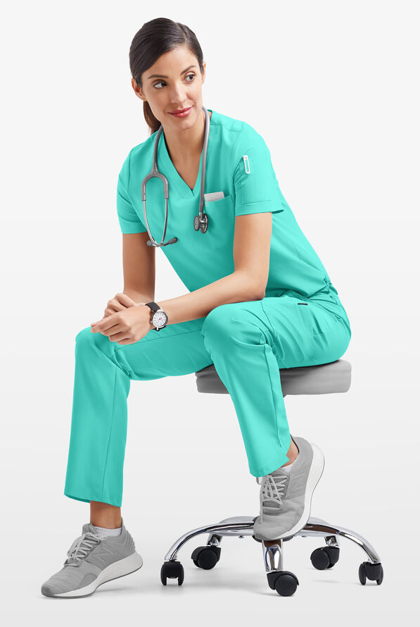 Easy STRETCH Chloe Women's 3-Pocket V-Neck Tuck-In Scrub Top - Aqua Dust - 6