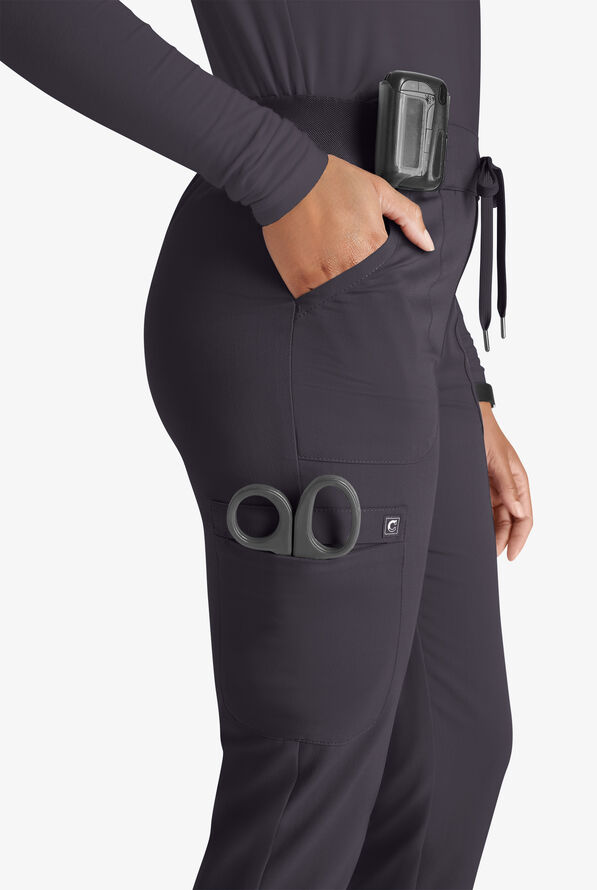 Cherokee Atmos Women's 4-Pocket STRETCH Coolmax Drawstring Cargo Half Jogger Scrub Pants - Pewter - 2