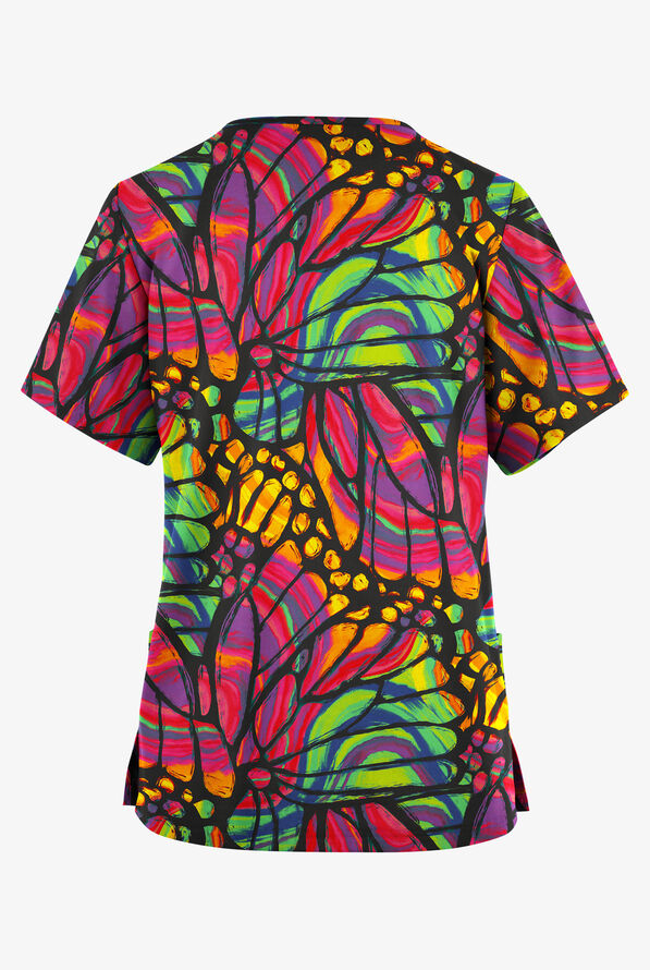 Butter-Soft Originals Kaleidoscope Butterflies Women's 2-Pocket Classic Fit V-Neck Print Scrub Top - null - 2