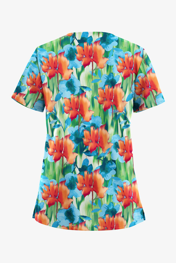 Butter-Soft STRETCH Valencia Ikat Caribbean Blue Women's 2-Pocket V-Neck Print Scrub Top - null - 2