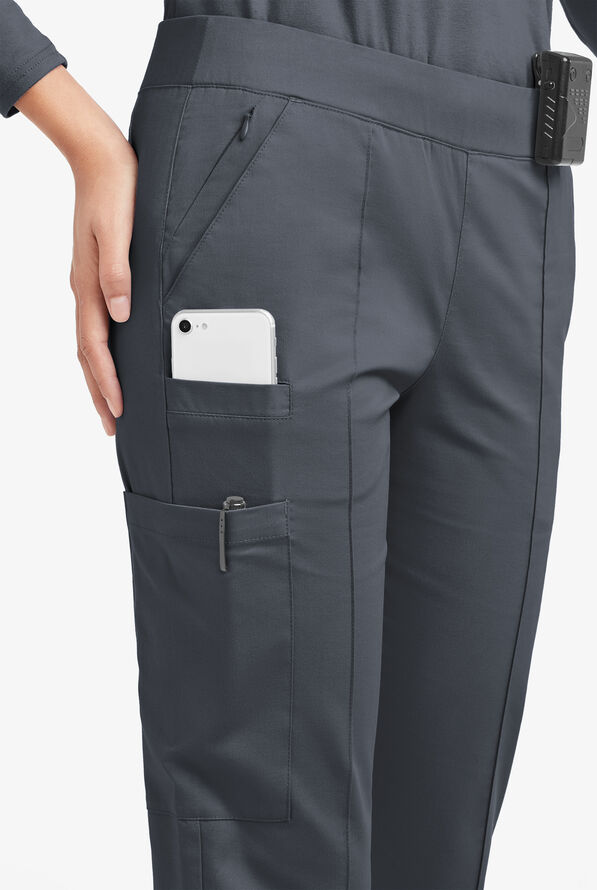Butter-Soft STRETCH Women's 6-Pocket Pin-Tuck Crop Slim with Sport Trim Detail Scrub Pants - Pewter/Silver Melange - 2