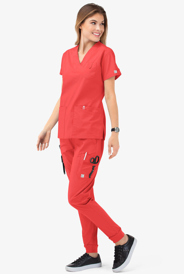 Butter-Soft STRETCH Women's 6-Pocket V-Neck Scrub Top - Radiant Red - 7