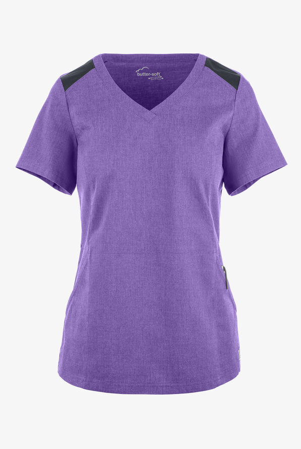 Blusa m&eacute;dica UA Butter-Soft STRETCH con detalle tejido y 3 bolsillos para mujer - Sparkling Grape Heather/Pewter - 1