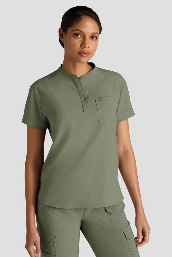 Easy STRETCH Bella Women's 1-Pocket Henley Scrub Top - Olive Leaf - 1