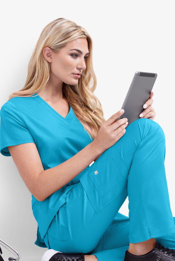 Butter-Soft STRETCH Women's 10-Pocket Active Yoga Scrub Pants - Tall - Turquoise - 2