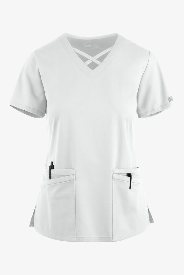 Blusa m&eacute;dica UA Butter-Soft STRETCH con lazos entrecruzados y 4 bolsillos para mujer - White - 1