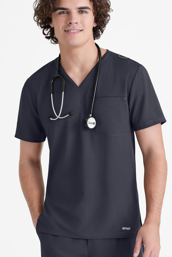 Grey's Anatomy by Barco Evolve STRETCH Journey Men's 1-Pocket Tuck In V-Neck Scrub Top - Steel Gray - 2