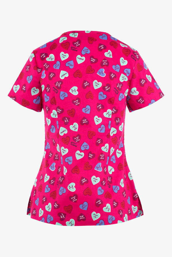 Betsey Johnson Sweet Candy Hearts Women's 2-Pocket STRETCH V-Neck Print Scrub Top - null - 2