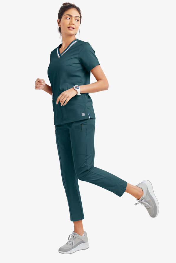 Butter-Soft STRETCH Women's 6-Pocket Pin-Tuck Crop Slim with Sport Trim Detail Scrub Pants - Caribbean Blue/Navy - 5