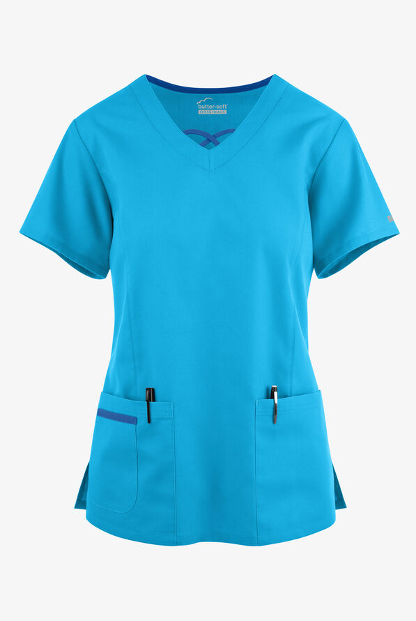 Blusa médica Butter-Soft Originals con cuello entrecruzado en contraste y 3 bolsillos para mujer - Turquoise/Royal - 1