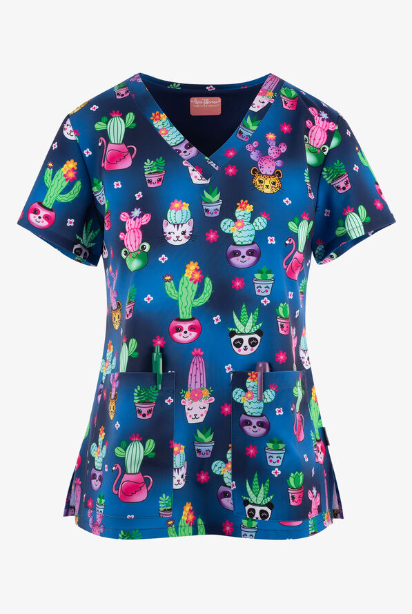 Zavate Ava Therese Stuck On You Cacti Women's 2-Pocket STRETCH V-Neck Print Scrub Top - null - 1