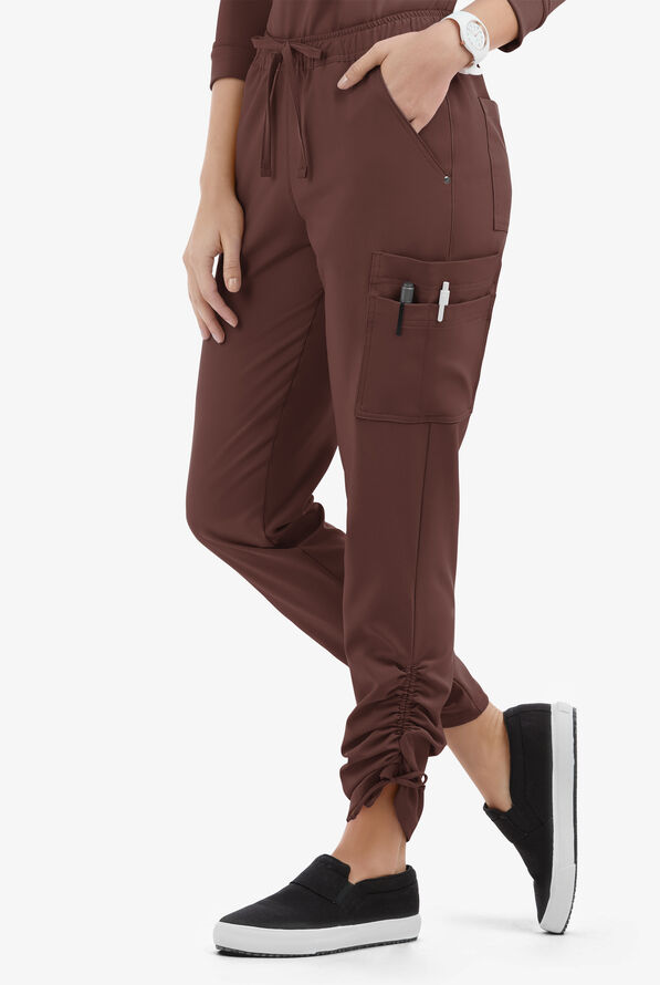 Easy STRETCH Halle Women's 11-Pocket Ruched Leg Jogger Scrub Pants - Petite - Nutshell - 1