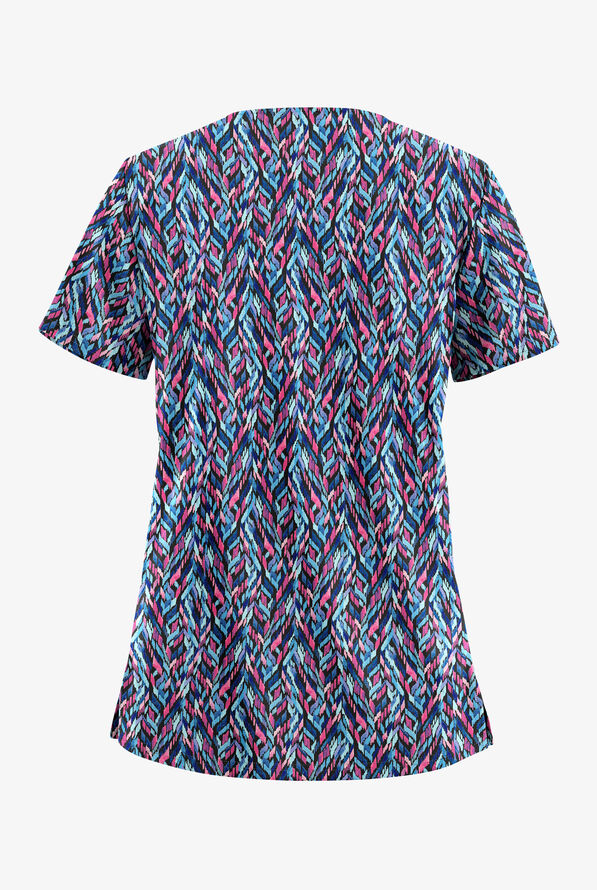 Butter-Soft STRETCH Geometric Path Black Women's 2-Pocket V-Neck Print Scrub Top - null - 2