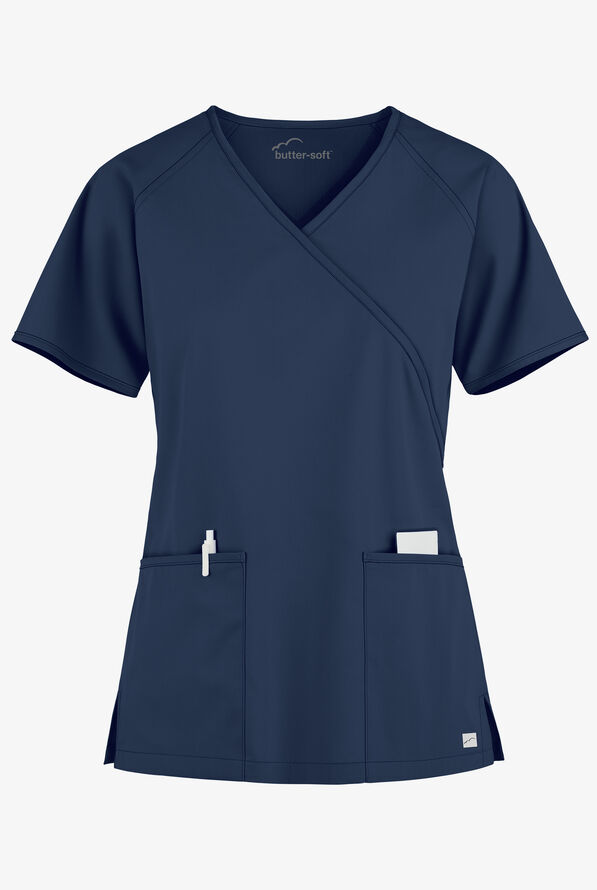 Butter-Soft Core Raglan Women's 2-Pocket Mock Wrap Scrub Top - Navy - 1