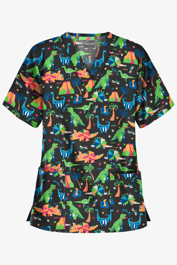 UA Buttersoft Dino Mite Hunter Women's 2 Pocket V-Neck Print Scrub Top - null - 1
