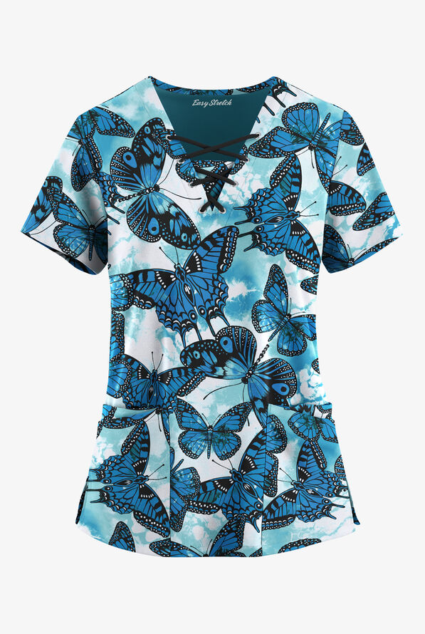 Easy STRETCH Butterfly Oasis Women's 4-Pocket Lace Up V-Neck Print Scrub Top - null - 1