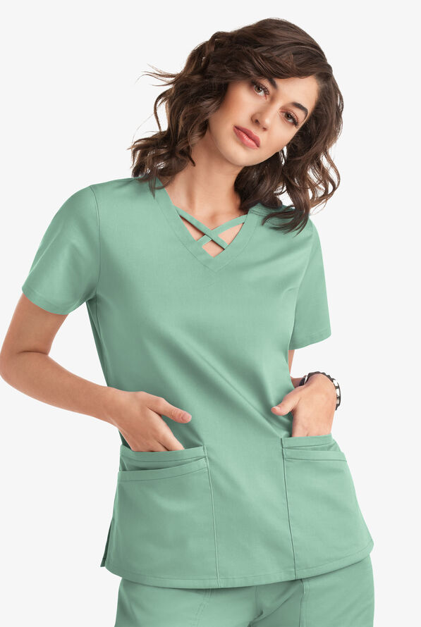 Blusa m&eacute;dica UA Butter-Soft STRETCH con lazos entrecruzados y 4 bolsillos para mujer - Water Mint - 5