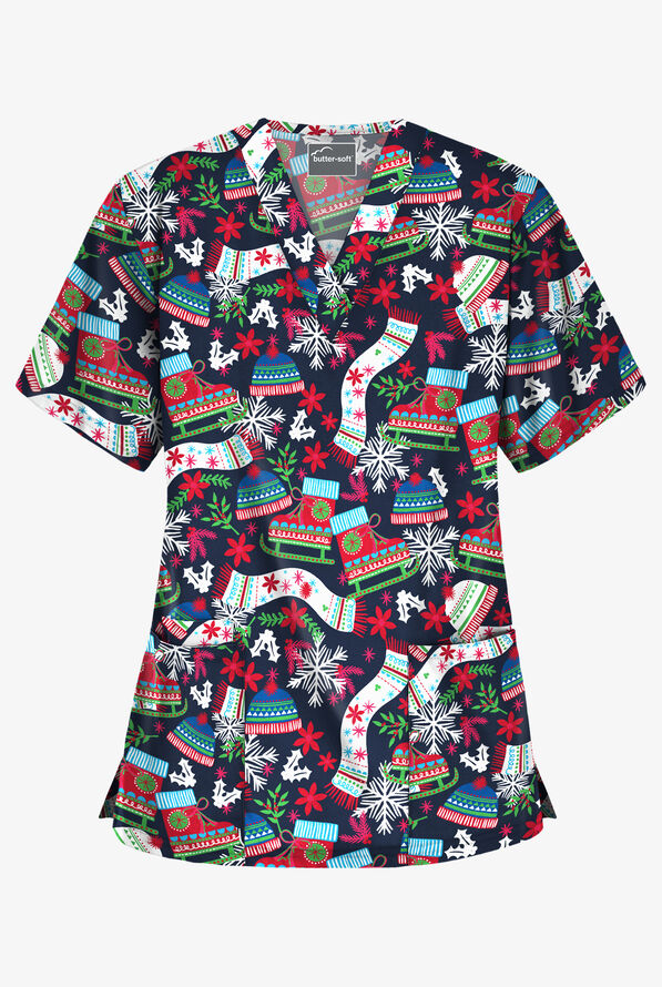 UA ButterSoft Christmas Skate Navy Women's 3Pocket VNeck Print Scrub
