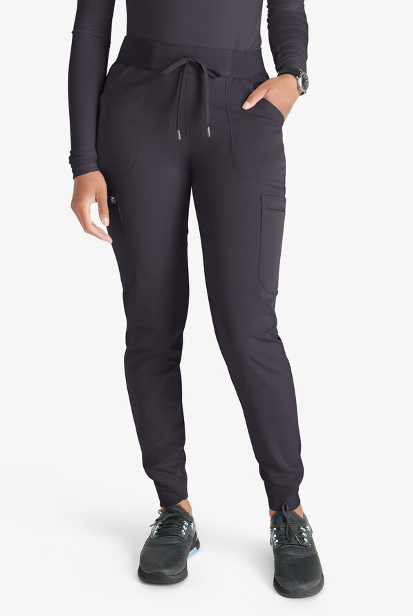 Cherokee Atmos Women's 4-Pocket STRETCH Coolmax Drawstring Cargo Half Jogger Scrub Pants - Pewter - 1