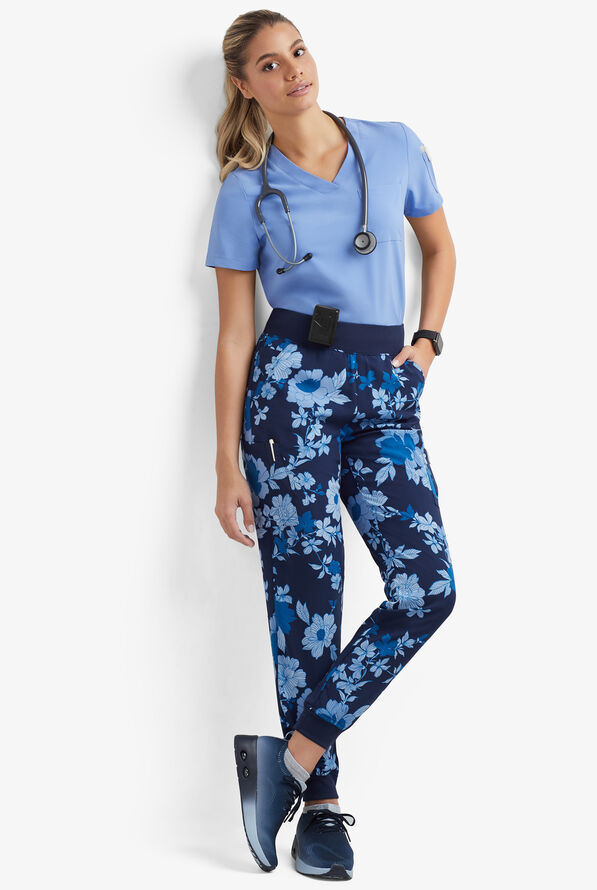 Strictly Scrubs STRETCH Paris Floral Navy Women's 5-Pocket Jogger Print Scrub Pants - null - 5