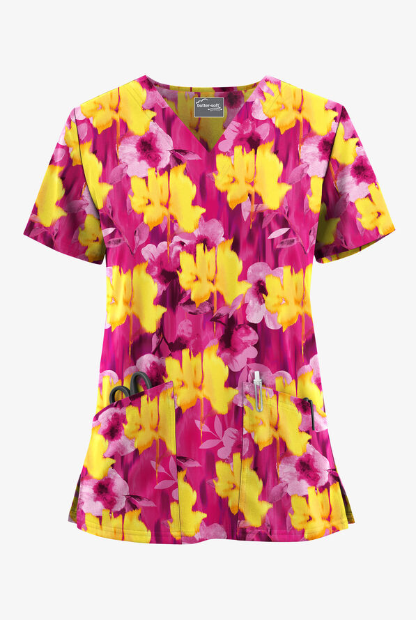 Butter-Soft STRETCH Valencia Ikat Fuchsia Women's 2-Pocket V-Neck Print Scrub Top - null - 1