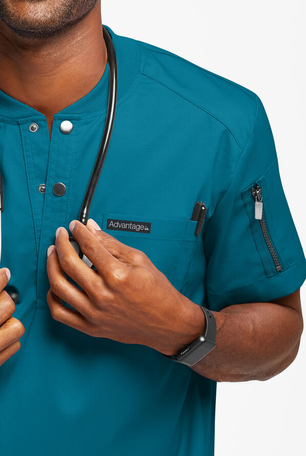 Advantage STRETCH Men's 2-Pocket Short Sleeve Henley Scrub Top - Caribbean Blue - 3
