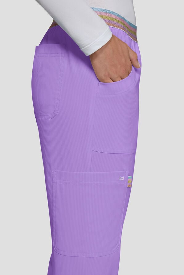 koi Lite&trade; Willow Women's 5-Pocket Rainbow Shimmer Trim Straight Leg Cargo Scrub Pant - French Lavender - 4