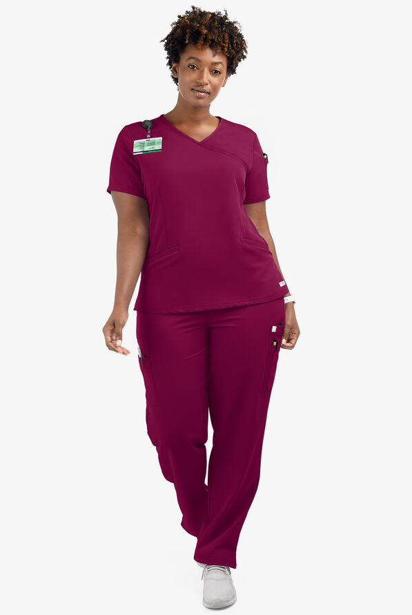 Butter-Soft Women's 5-Pockets Faux Wrap Scrub Top **Slightly IRREGULAR** - Wine - 4