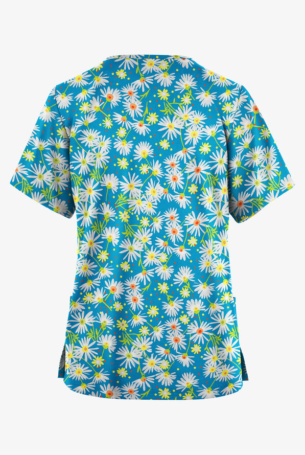 Butter-Soft Originals Daisy Breeze Turquoise Women's 2-Pocket V-Neck Print Scrub Top - null - 2